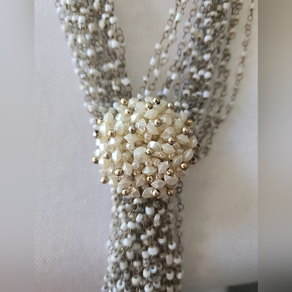 Women's White Multi Strands Faux Pearls Beads Tassel Fringe 20"  Necklace - Picture 2 of 6